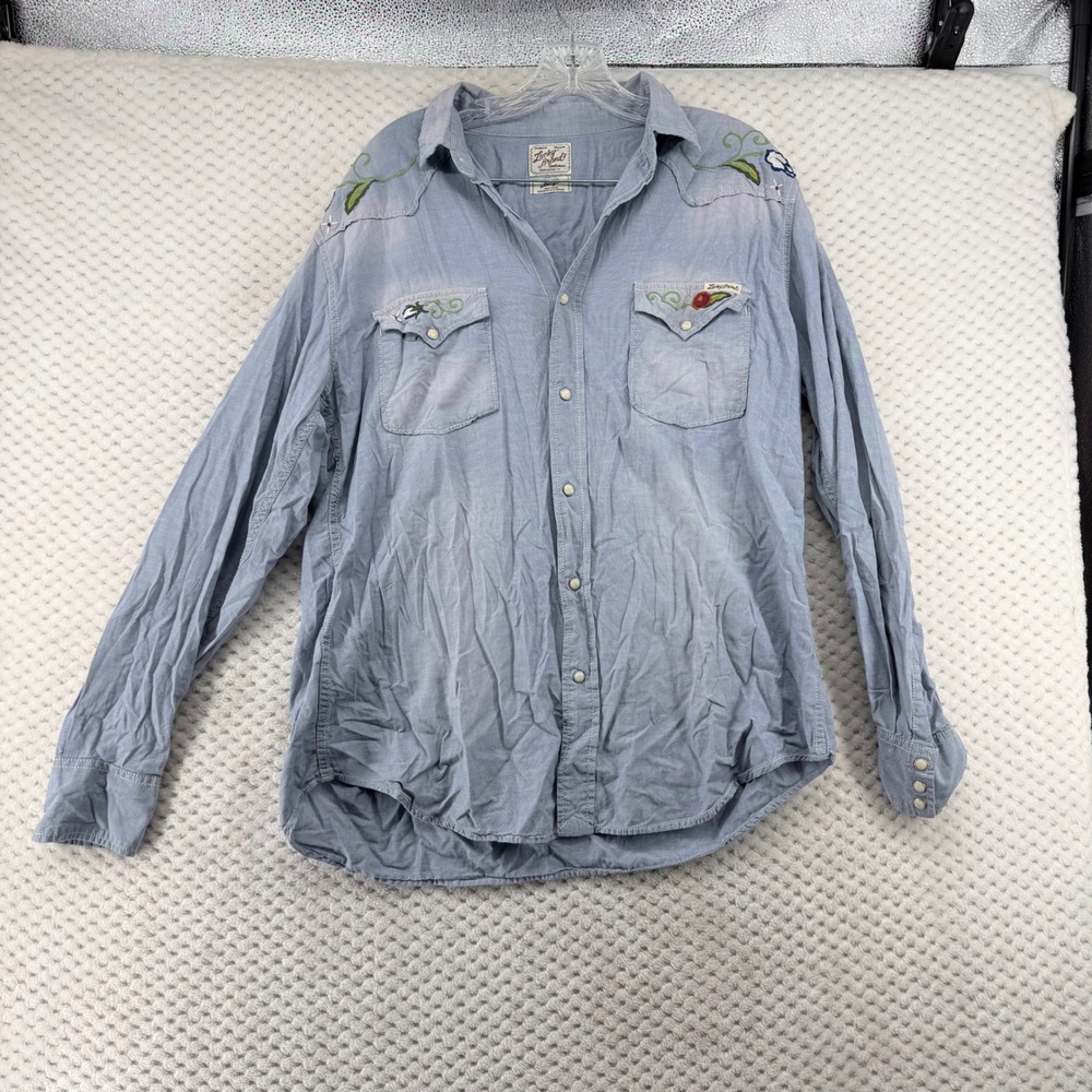 Lucky Brand Western Sportswear Embroidered Chambray Shirt Womens L Blue Cotton - Picture 2 of 11
